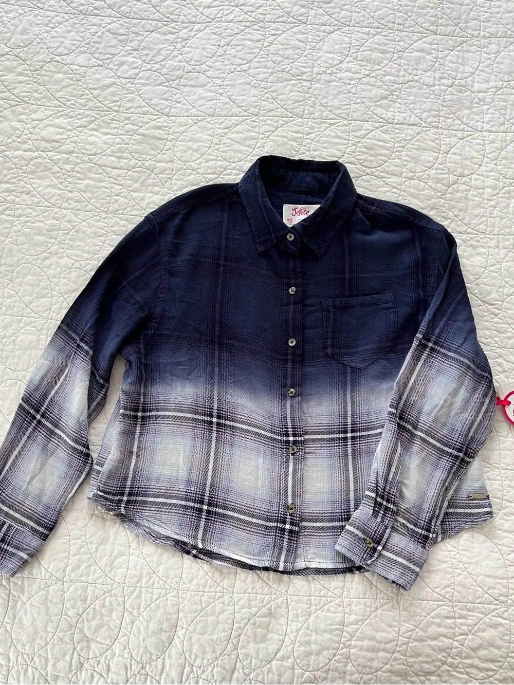 NWT Justice Girls’ Navy Ombre Plaid Button-Down Shirt Super Soft Cropped Preppy